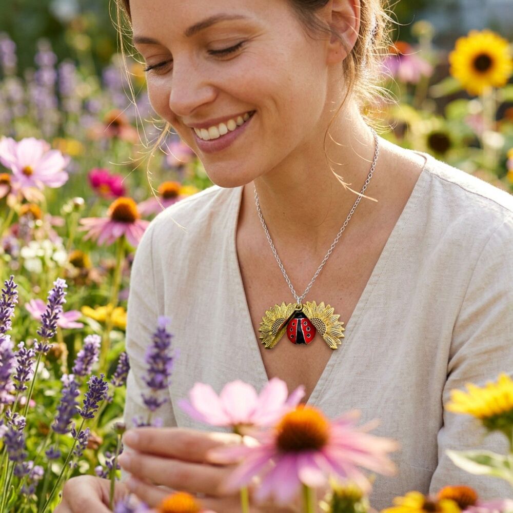 Gold Sunflower Locket Necklace NEW Opens to Red Ladybug Gardening Summer